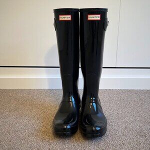 Hunter Original Tall Gloss Rain Boots Women Size 9 Black Gloss
